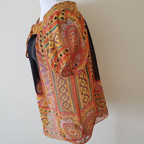 BCBG Max Azria Sheer Smocked Neck Peasant Style Top Shirt - Picture 3 of 6